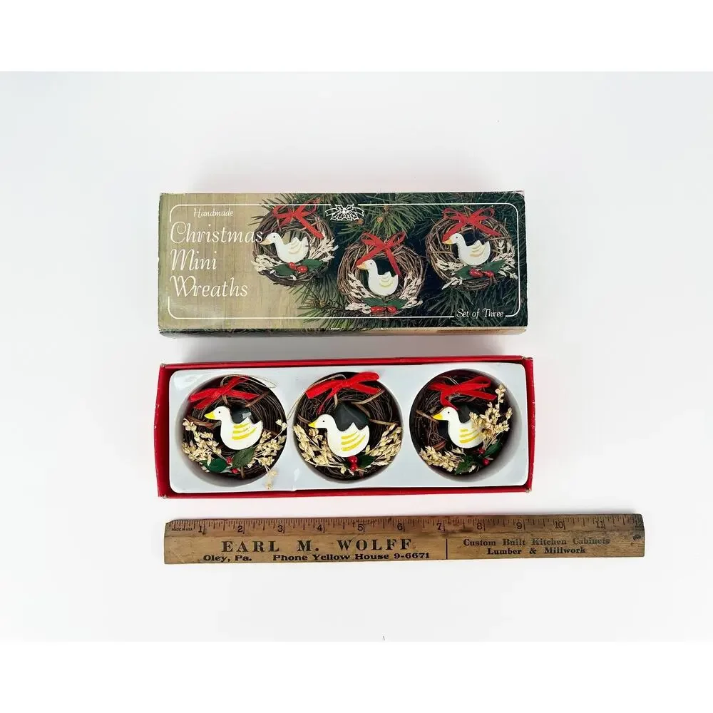 Vintage 1985 Goose Mini Wreath Ornaments Set 3 Twig Cottagecore Christmas Boxed